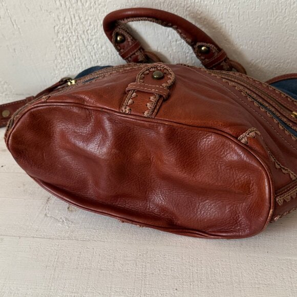 Isabella Fiore Boho Leather Canvas Satchel Brown Blue Whipstitch Crossbody - Picture 7 of 15